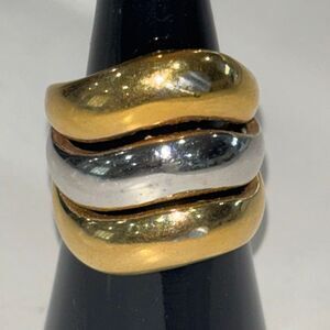 18ktGF 12.0g Gold & silver 3 band wave ring mixed metal chunky Sz 7